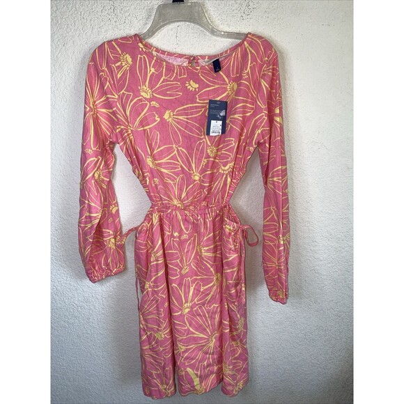 new Linen floral dress Pink Balloon Long Sleeve side cut out Mini Retro 80s S - Picture 1 of 9